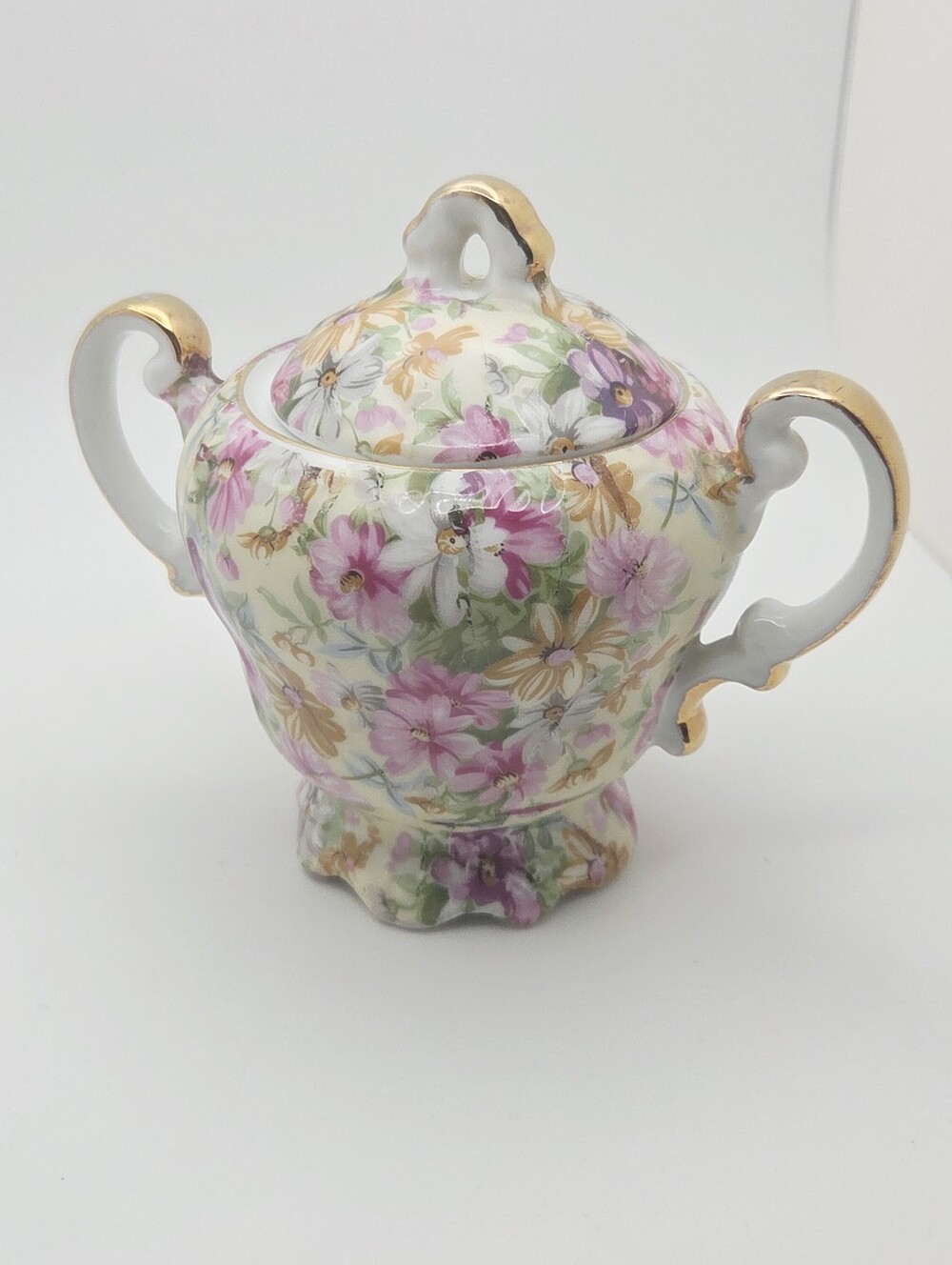 Vintage Giftcraft Toronto Japan Floral Chintz Covered Sugar Bowl Gold Trim